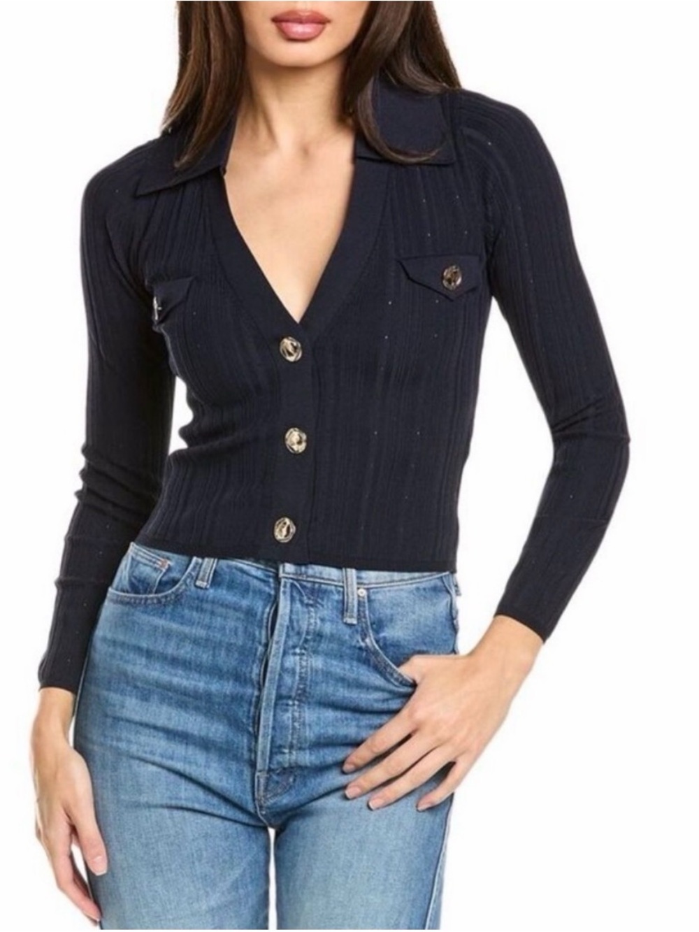 SANDRO Cropped Ribbed Pointelle Knit Cardigan Sweater